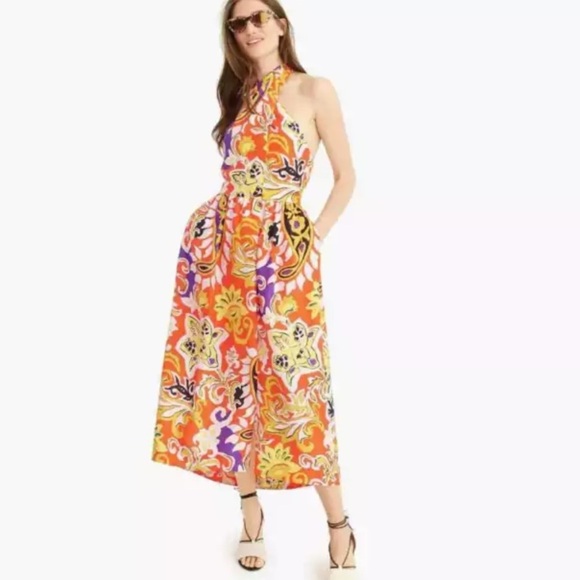J Crew Silk Maxi Sarong Dress in Painted Paisley Orange Size 0 - Picture 1 of 16